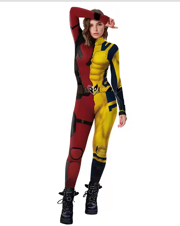 Smash red and yellow Halloween costume stage show Dead pool costume jumpsuit tights for adult